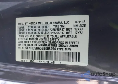 2014 Honda Odyssey Ex-L from USA, damaged, VIN 5FNRL5H65EB008494